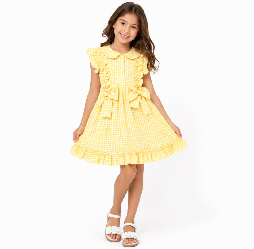 Girls Gingham/Bow School Dress 3/4-11/12 years Yellow