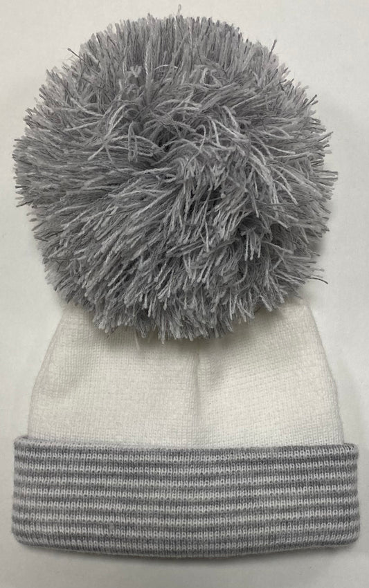 Grey and White Striped Pom Hat