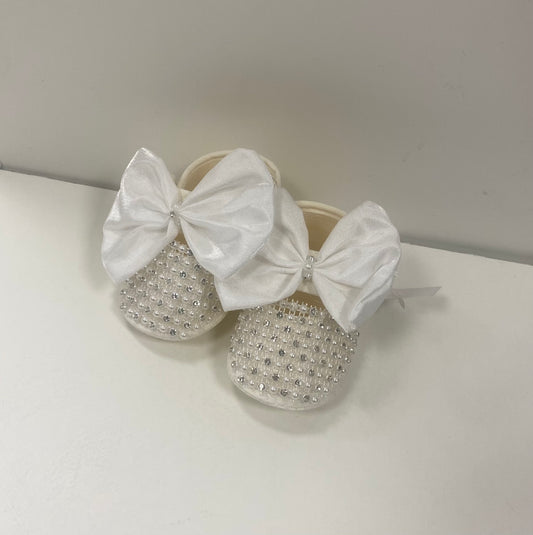 Girls Ivory Big Bow & Diamonte Shoe