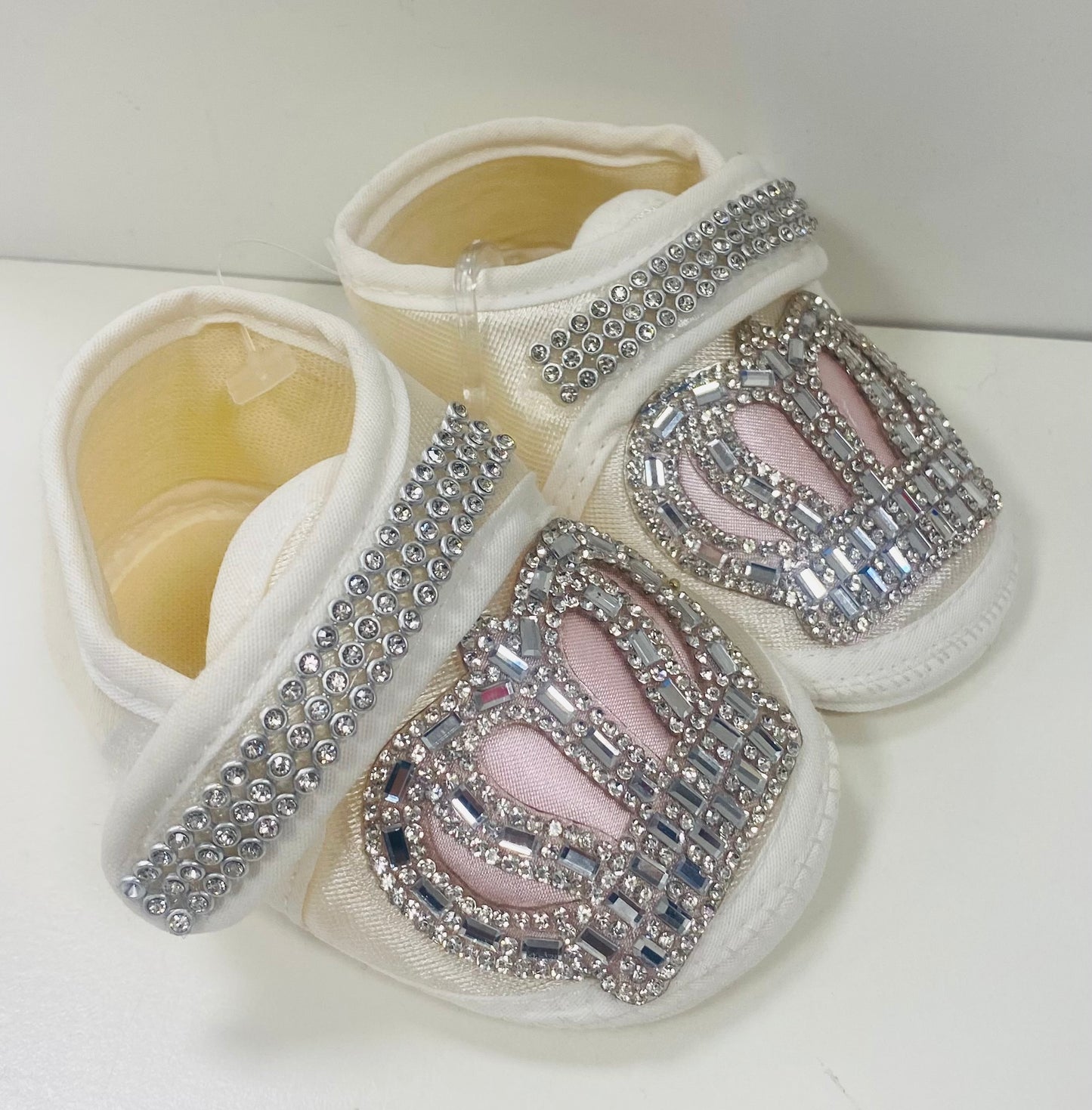 Ivory Pink / Blue Diamonte Crown Booties